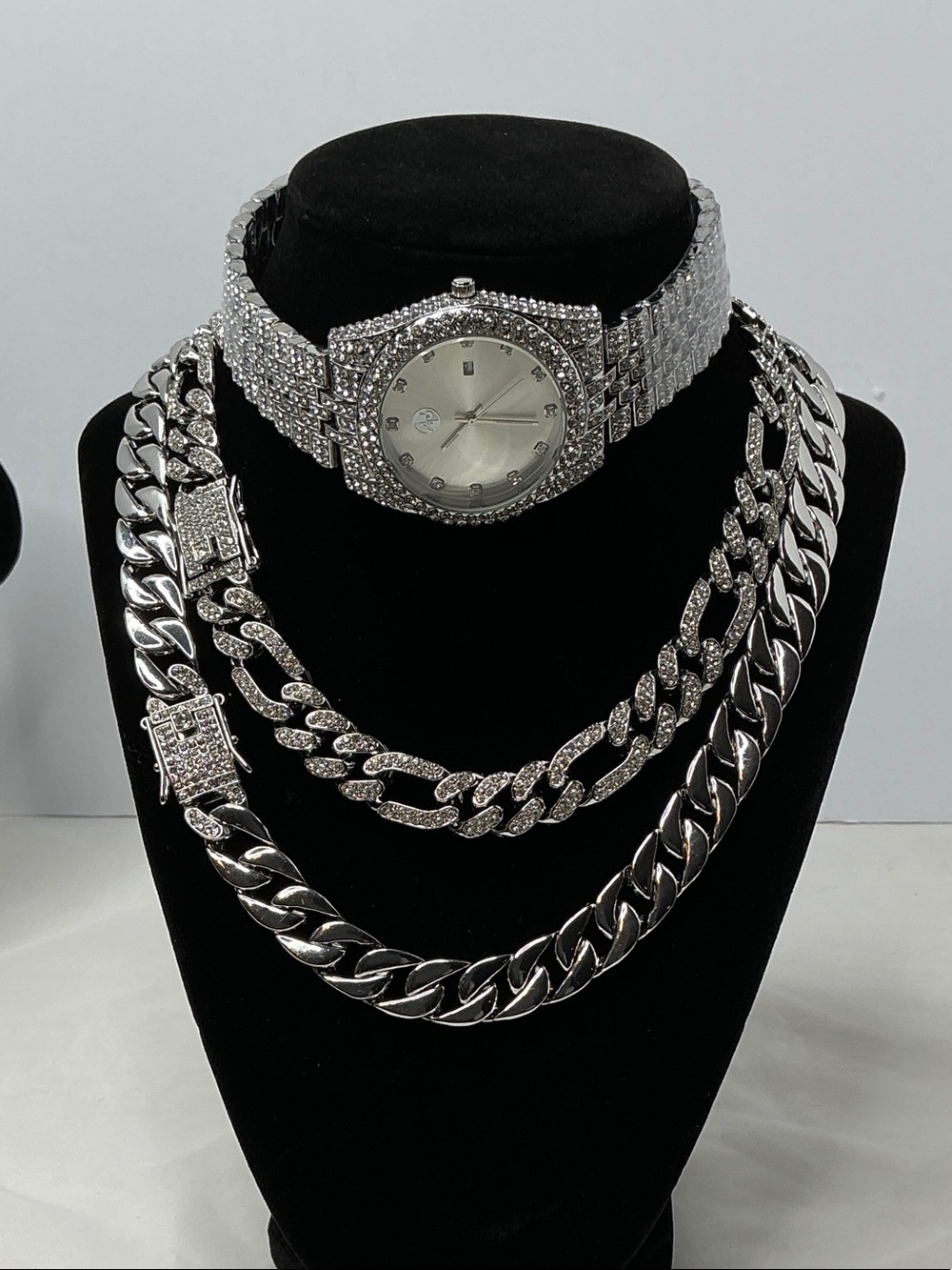 Men's Silver Iced VVS CZ Watch and Cuban Link Necklace Set